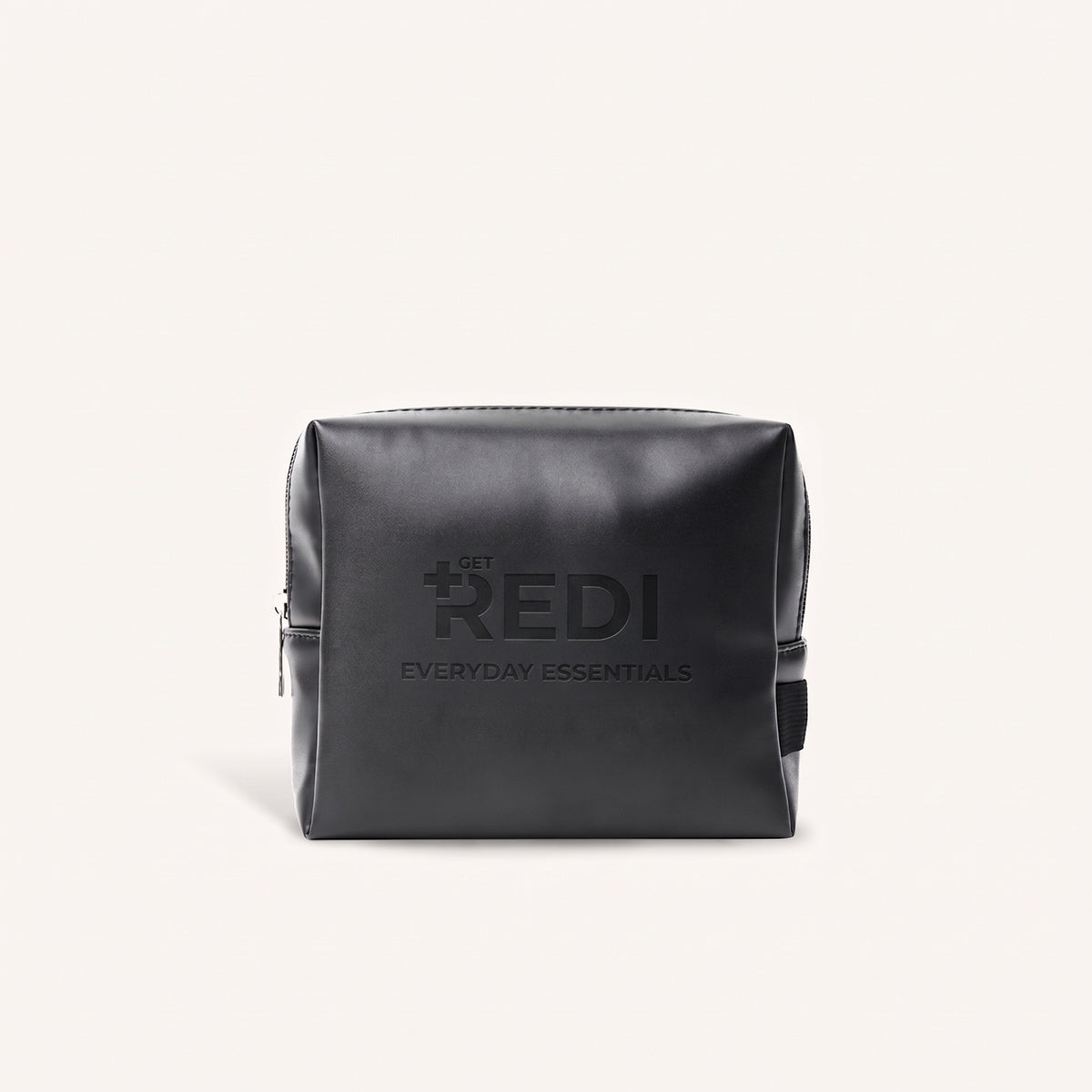 REDI Everyday Essentials Bag, a black PU leather zippered travel kit with embossed logo