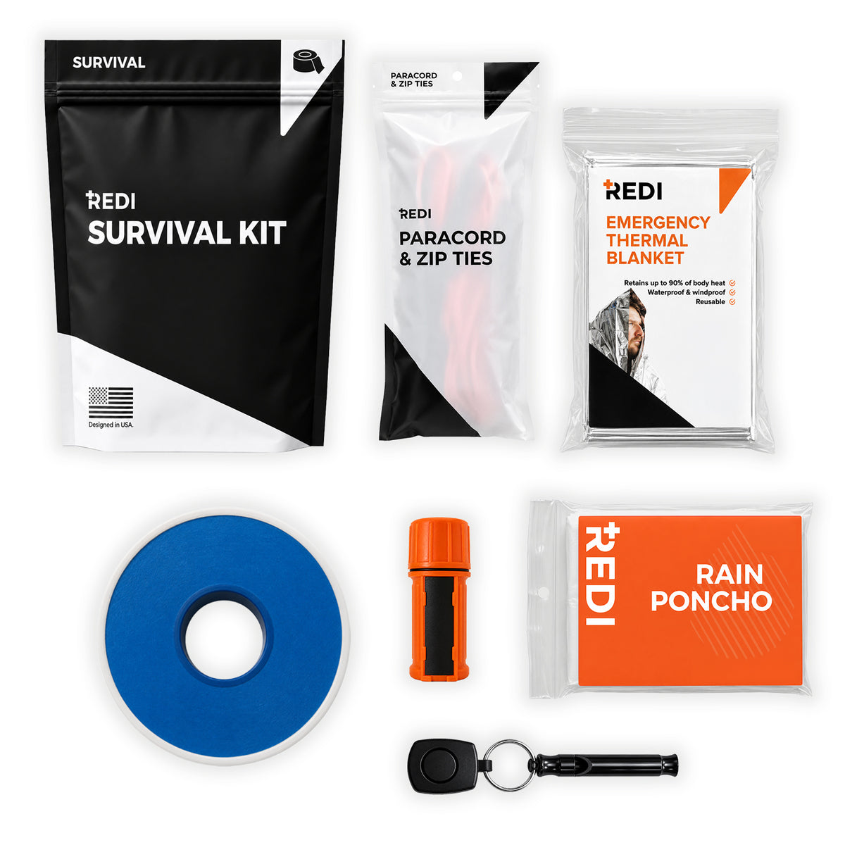 REDI Survival Refill contents: Survival Kit pouch, paracord and zip ties, emergency thermal blanket, duct tape, waterproof match case, rain poncho and whistle