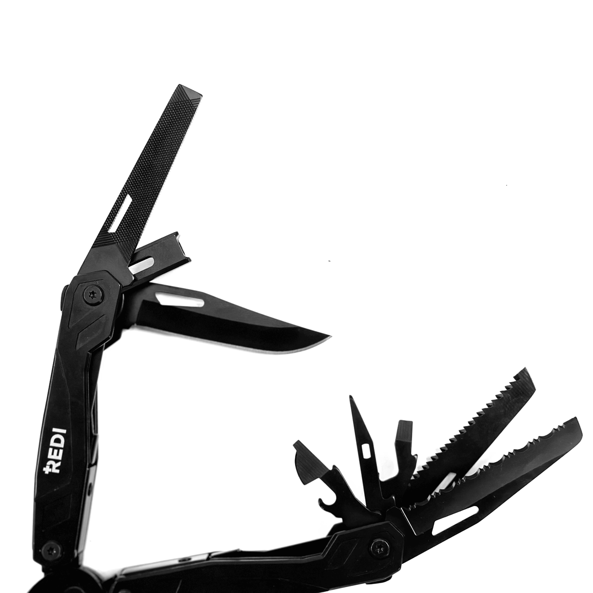 REDI 21-in-1 multi-tool with tools fanned out: knife, serrated knife, saw, file, awl and openers