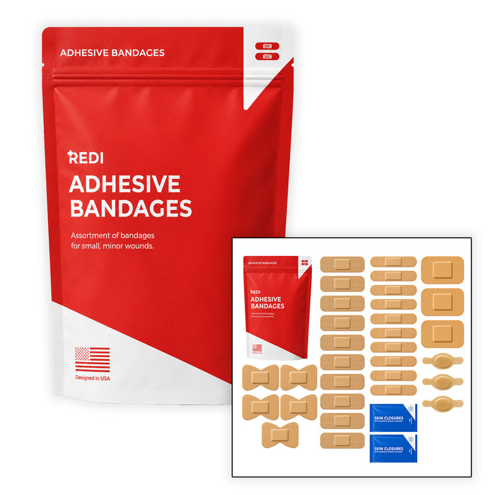 REDI Adhesive Bandage Refill pouch with assorted bandages, fingertip bandages, blister pads and wound closure strips