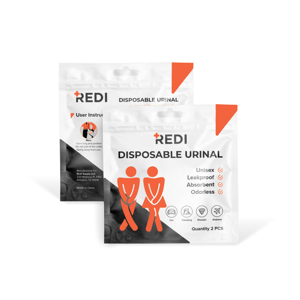REDI disposable emergency urinal 2 pack, leakproof and odorless, for car emergency kits