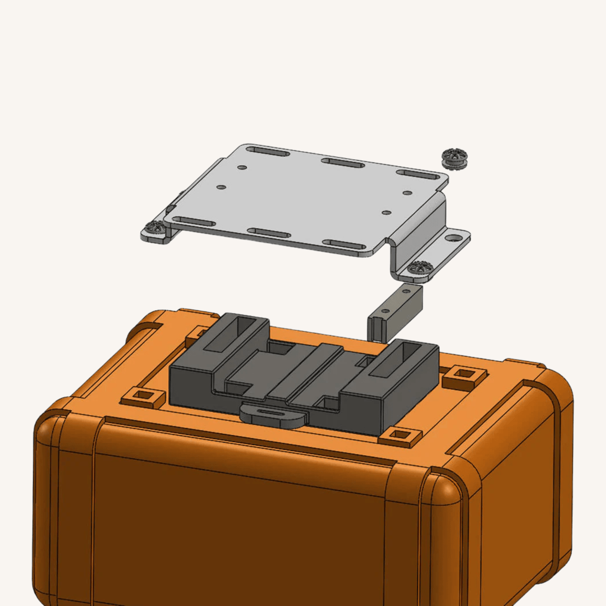 Exploded view of the aluminum quick release mounting plate and bracket above the orange Roadie PRO case