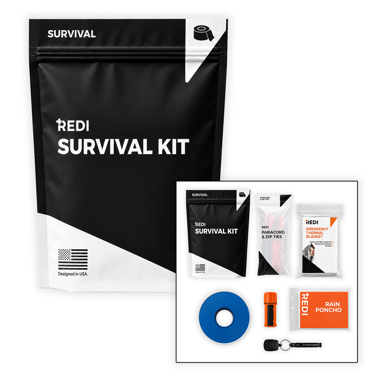 REDI Survival Refill pouch with paracord, zip ties, emergency thermal blanket, duct tape, matches, rain poncho and whistle