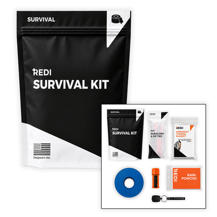 REDI Survival Refill pouch with paracord, zip ties, emergency thermal blanket, duct tape, matches, rain poncho and whistle