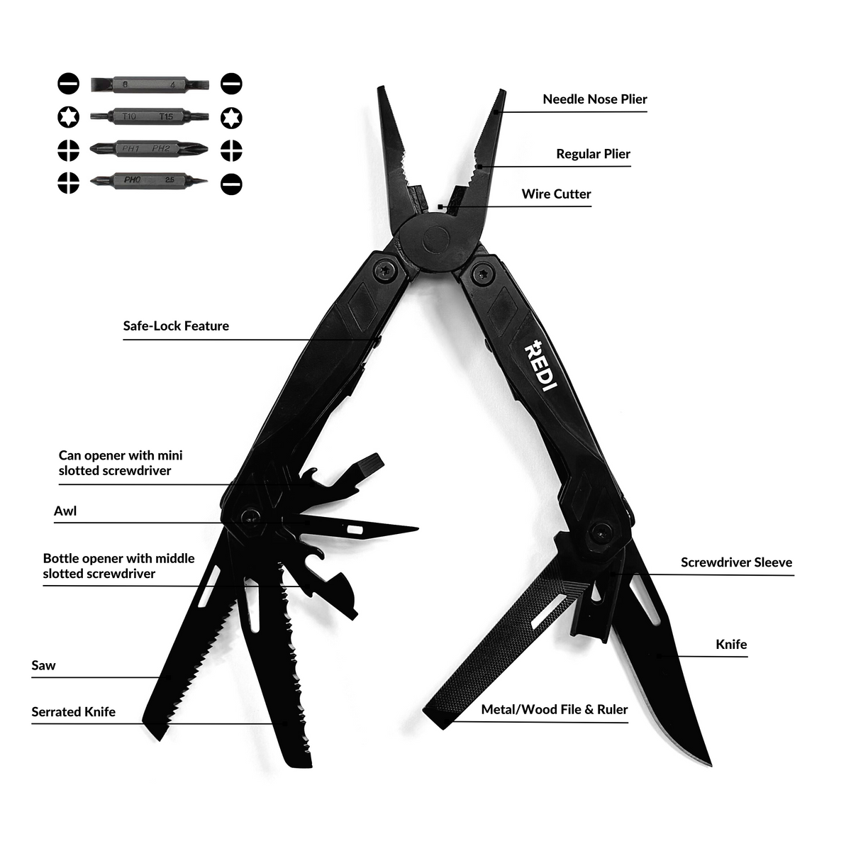 Labeled diagram of the REDI 21-in-1 multi-tool: pliers, wire cutter, knives, saw, awl, file, can and bottle openers, and screwdriver bits